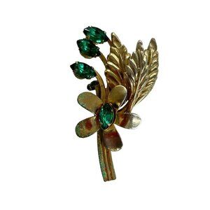 Goldtone and Green Vintage 1960s Brooch Pin Flower Leaf 1.9"